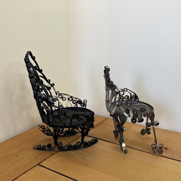 Tin Can Doll Chairs Set of 2 Vintage Folk Tramp Art Mini Furniture Rocking Chair - Picture 3 of 8